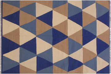 Flat Weave Kilim, Antique, Navaho, Vintage, Handmade, Modern Kilim Ivory Blue Hand-Woven Rectangle 100% Wool Area Rug 4 x 6